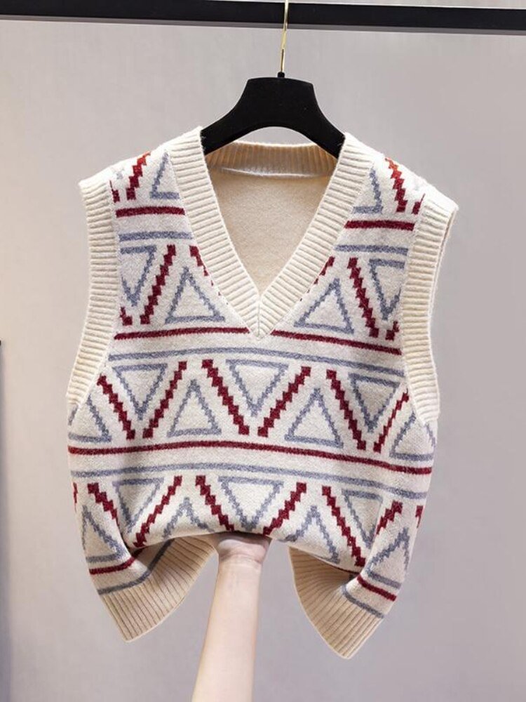 Sweater Vest Women New Autumn Winter V-neck Loose Knit Vest Diamond Lattice Tops Knitted Vest Women Casual Sweater Pullover