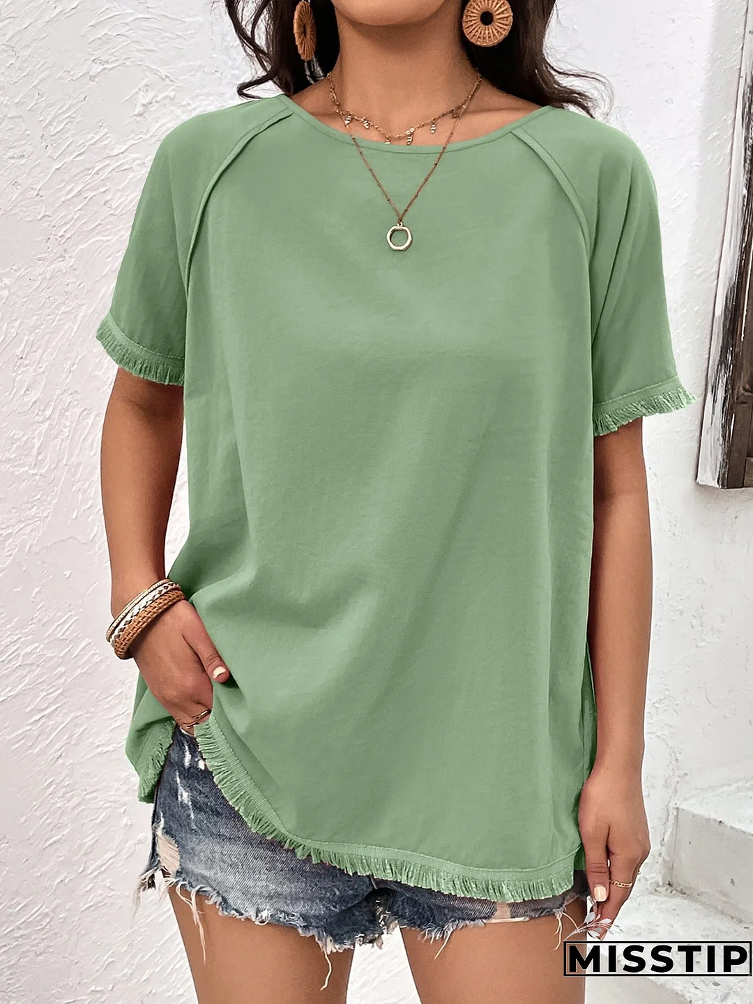 Round Neck Raglan Sleeve Fringe Detail Top