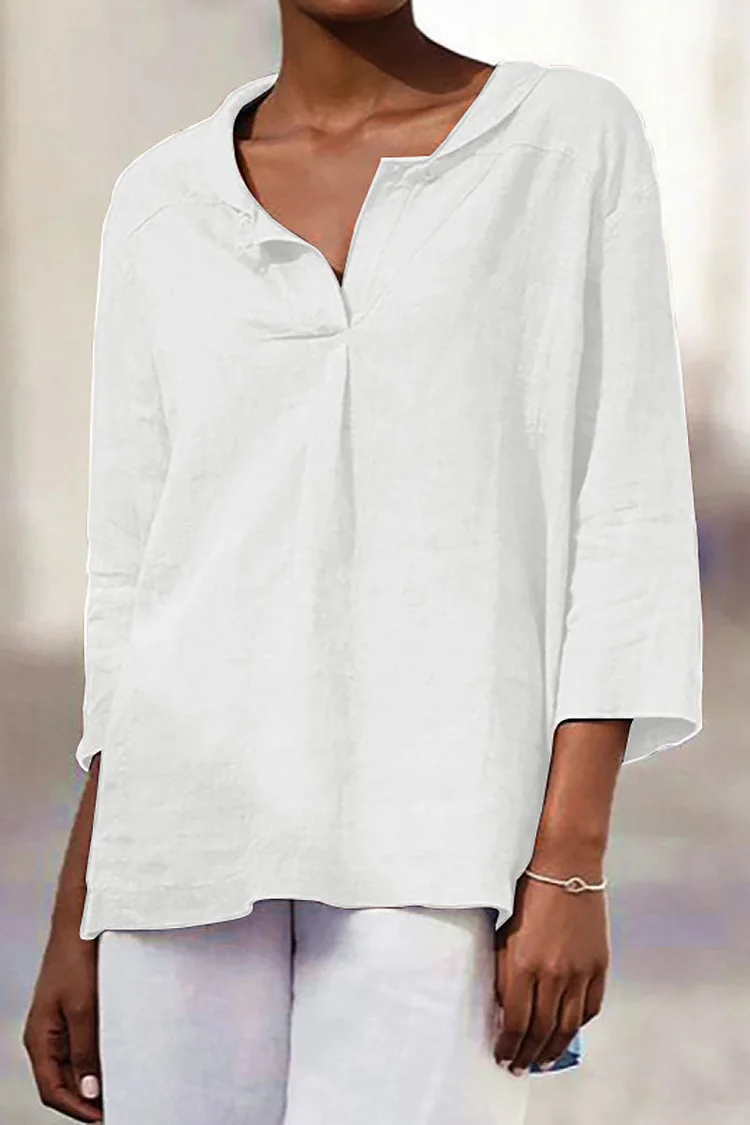 Asymmetric Hem V Neck Half Sleeve Linen Shirt