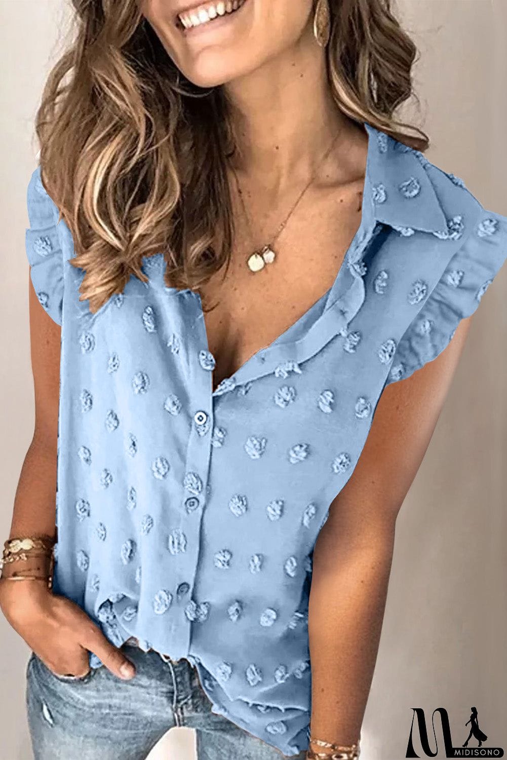 MidiSono - Turn-down Collar Ruffle Polka Dot Tank