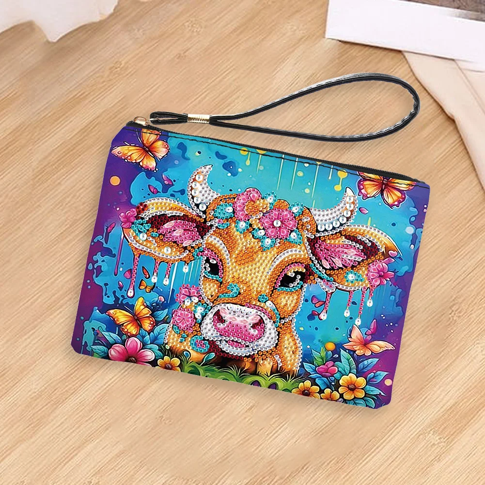 DIY Flowers Cow PU Partial Special Shaped Diamond Painting Wallet Makeup Bag