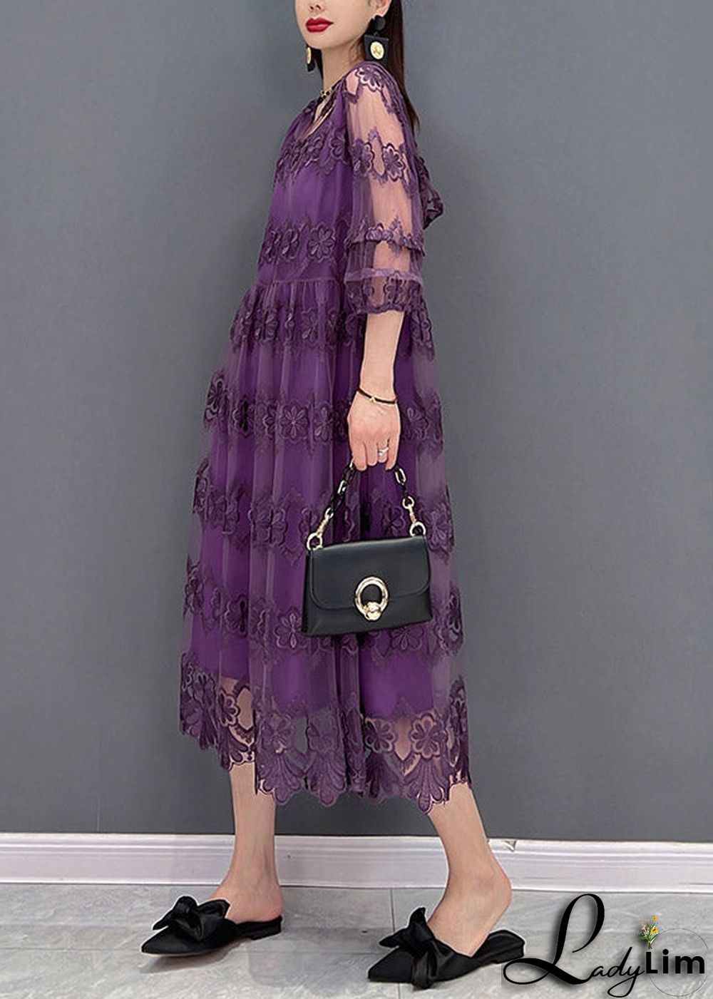 Modern Purple V Neck Embroideried Floral Lace Patchwork Hooded Dress Long Sleeve