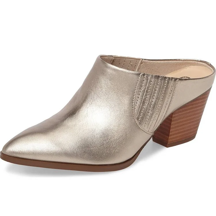 Women's Champagne Pointed Toe Vintage Block Heels Mules Shoes |FSJ Shoes