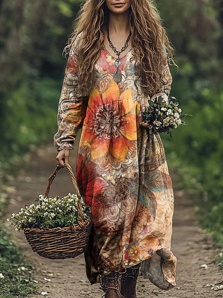 Women's Vintage Sunflower Print Pocket Cotton Dress