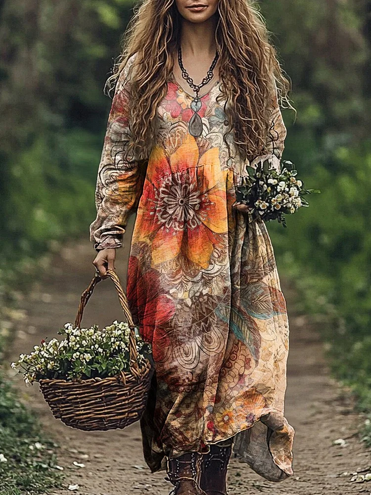 Women's Vintage Sunflower Print Pocket Cotton Dress