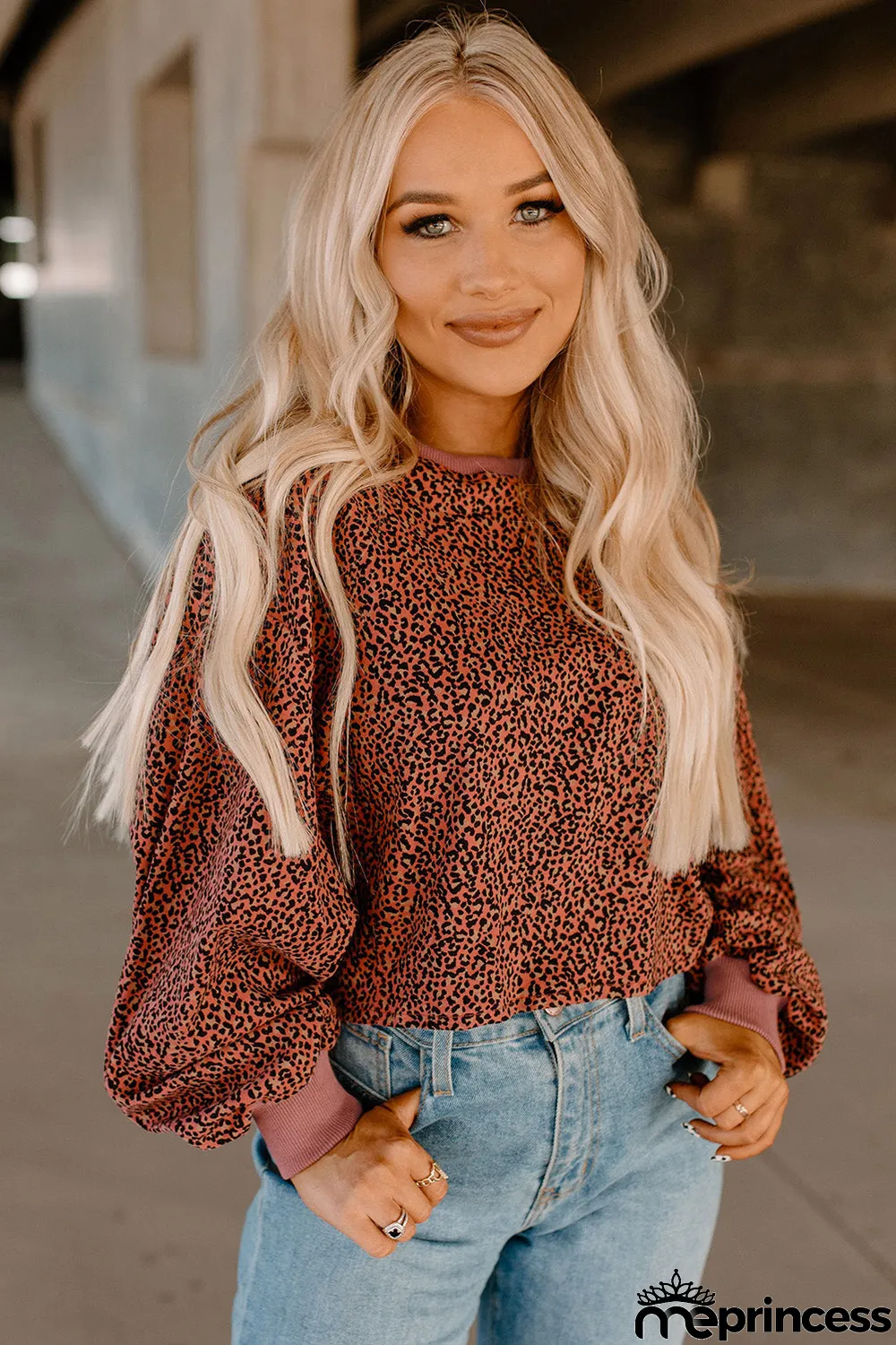 Vintage Leopard Bubble Sleeve Pullover Sweatshirt