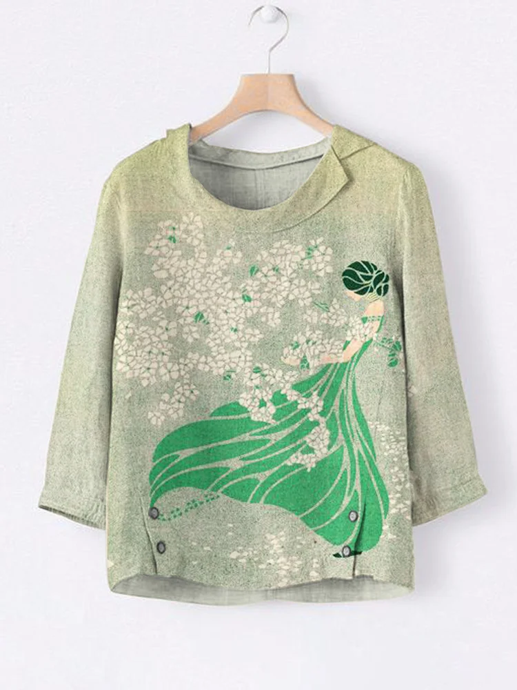 Woman & Floral Print Linen Lapel Shirt