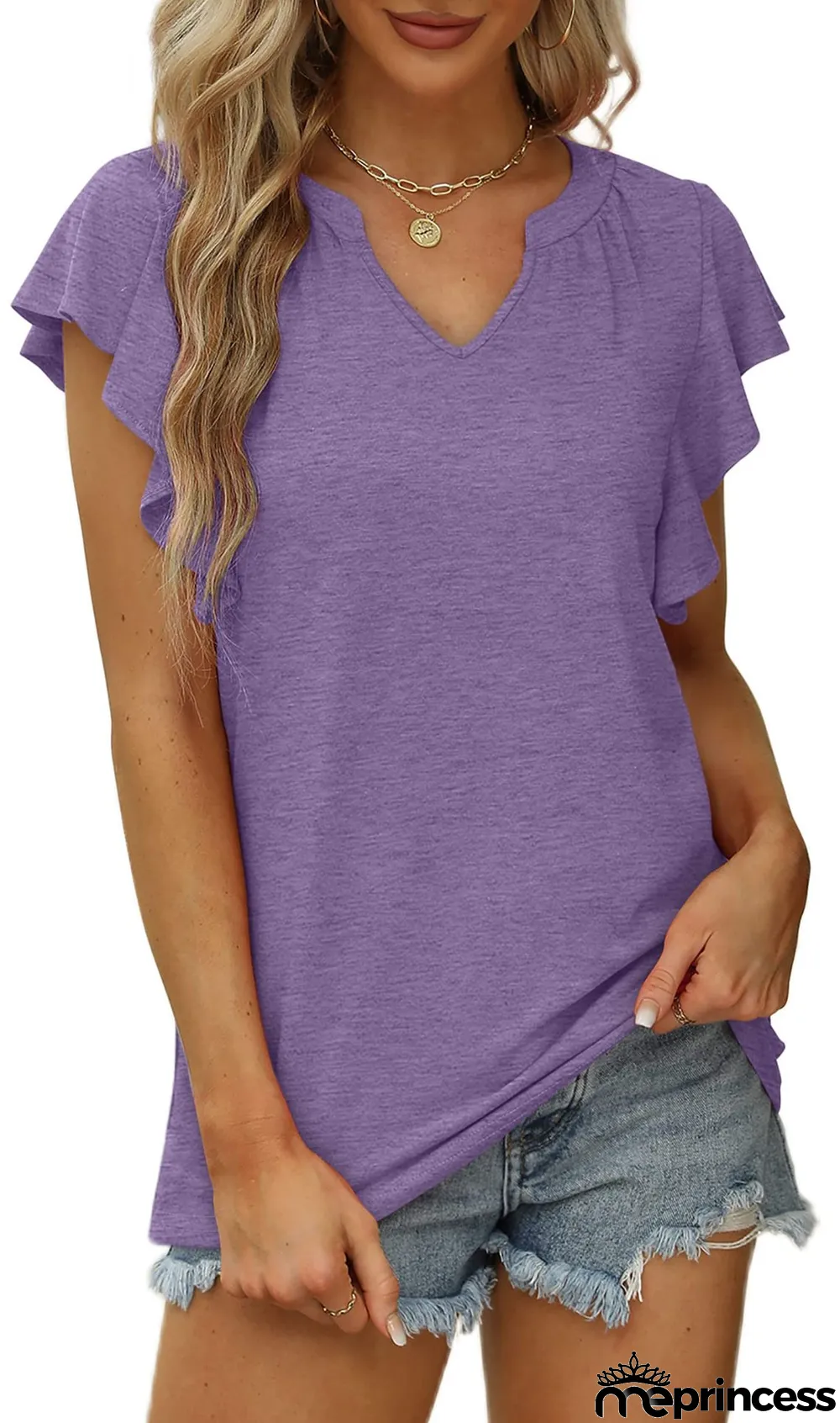 Summer Sexy V-Neck Ruffled Solid Color Short-Sleeved T-Shirt