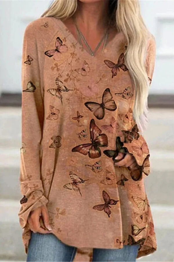 Fashion Butterfly Print V Neck Blouse