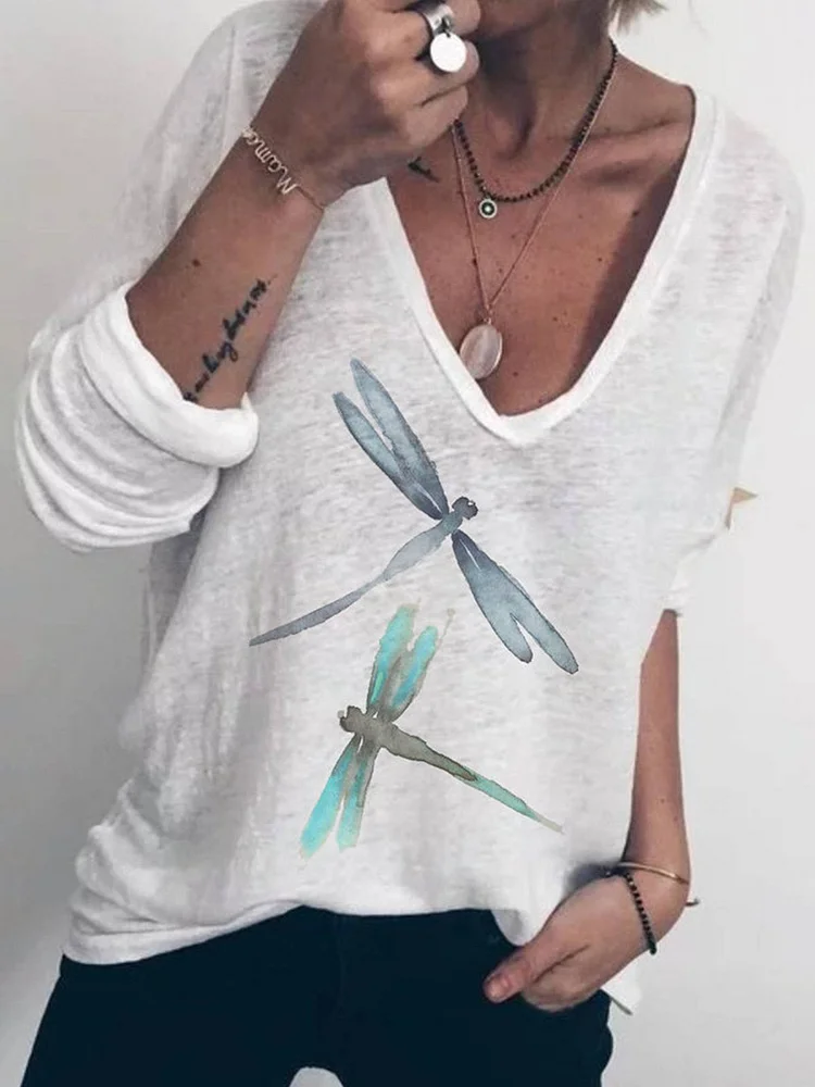 Dragonfly dot print cotton V-neck top socialshop