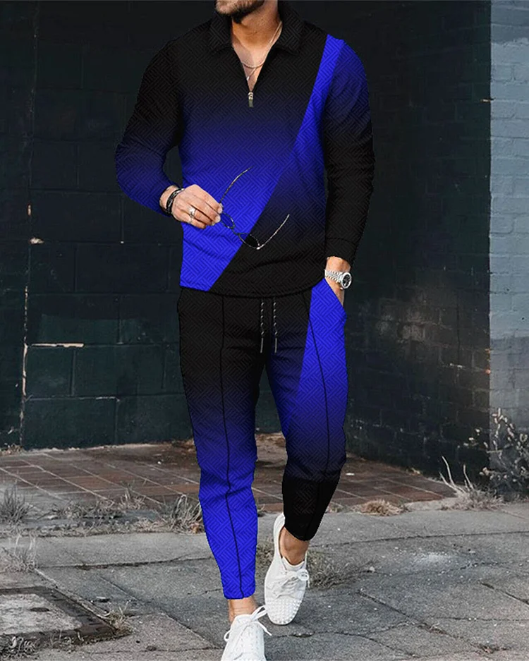 Men's Phantom Long Sleeve Zipped POLO Trousers Set  0275