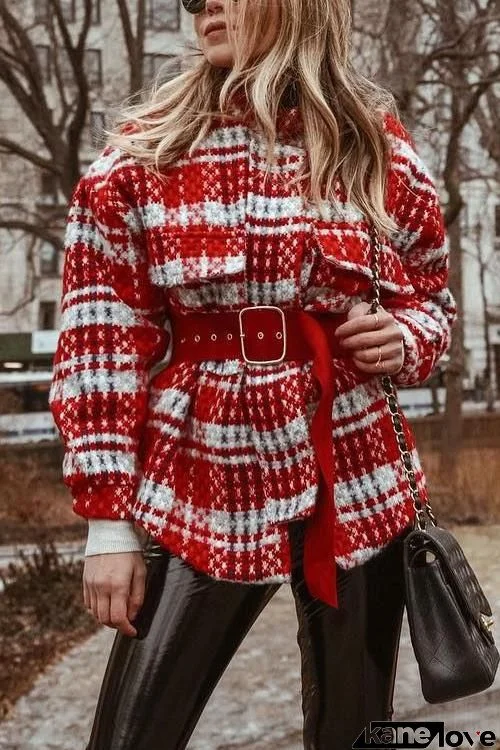 Plaid Woolen Coat With Belt