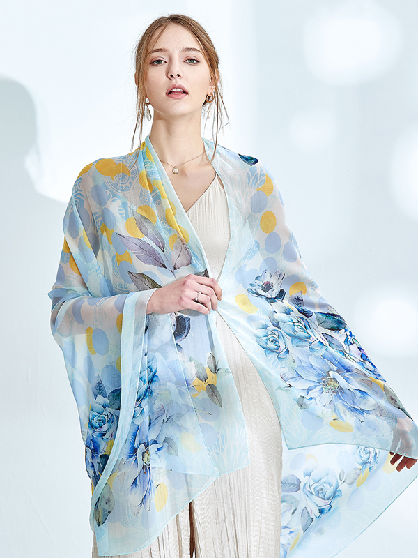 Blue Silk Scarf Ladies Scarf Flowers Style