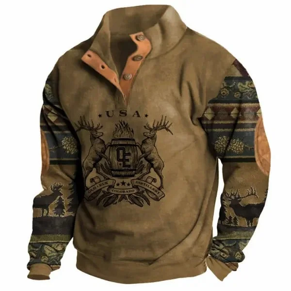 Men's Vintage Elk Print Plush Half Open Collar Pullover