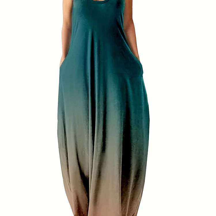 Plus Size Sexy Boho Dress, Women's Plus Ombre Print V Neck Medium Stretch Cami Maxi Dress