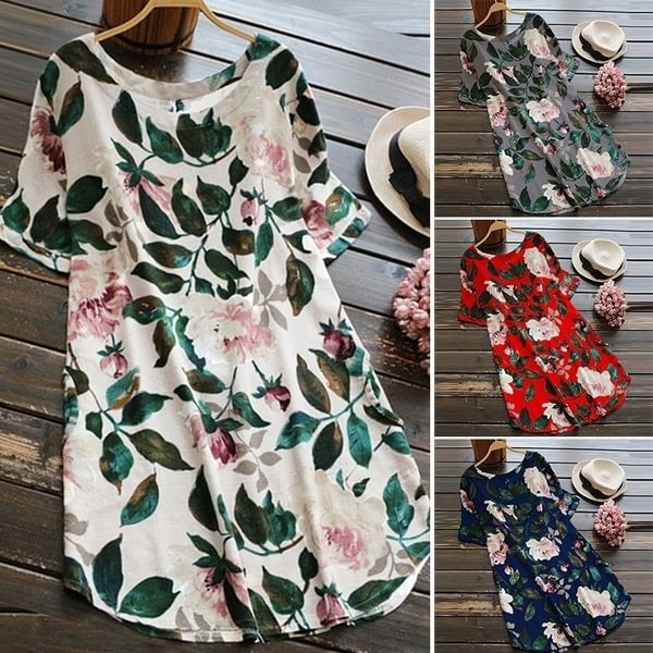 Casual Women Crew Neck Short Sleeve Leaf Printed Loose Mini Dress Summer - Life is Beautiful for You - SheChoic