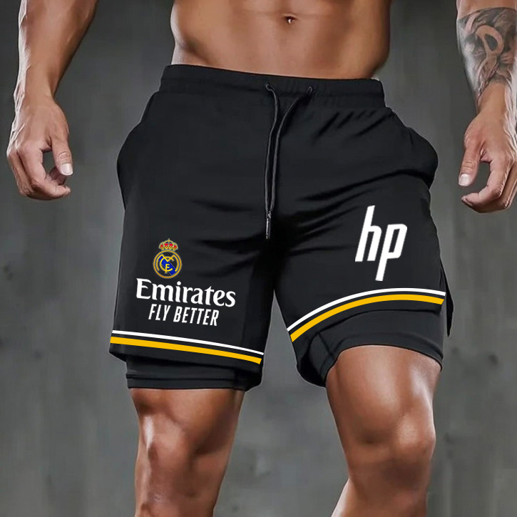 Men's Black Fake Two-piece Sports Fitness Football Style Printed Shorts / TECHWEAR CLUB / Techwear