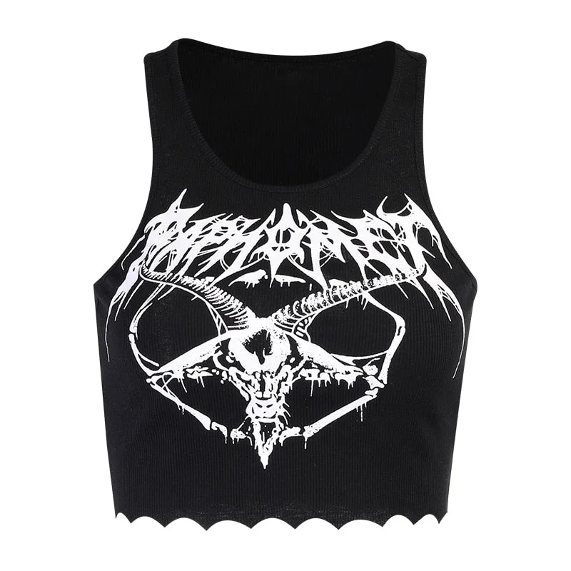 InsGoth Punk Goth Goat Head Print Tanks Streetwear Bodycon Black Basic Tank Tops Women Grunge Sexy Sleeveless Summer Cropped Top