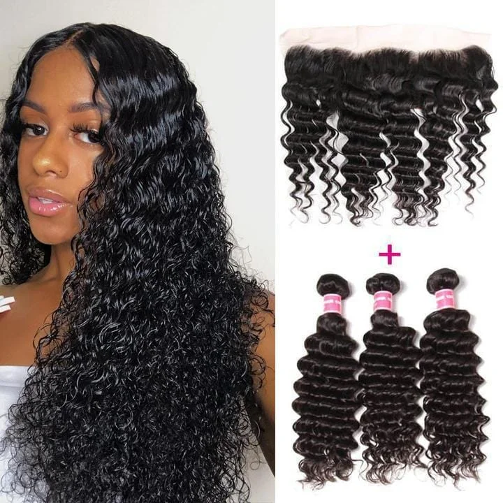 Brazilian Deep Wave 3 Bundles with Lace Frontal Closure, 13*4 Ear to Ear, 100% Virgin Hair-