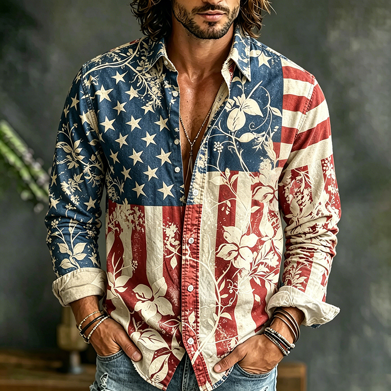 Men's Retro Flag Floral Art Print Long Sleeve Casual Shirt Westsshops