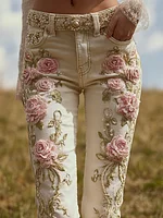 Bohemian Style Pink Rose Embroidery Pattern Women's Skinny Jeans