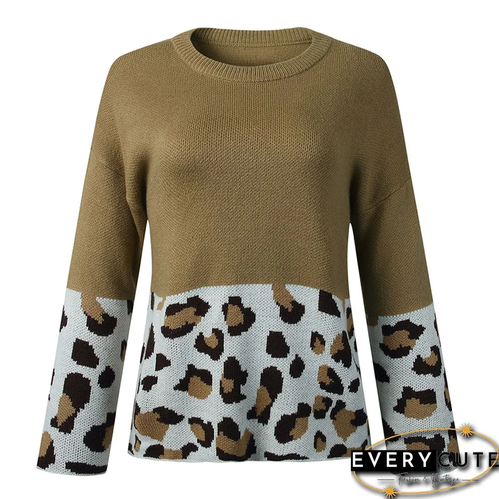 Khaki Splice Leopard Print Pullover Sweater