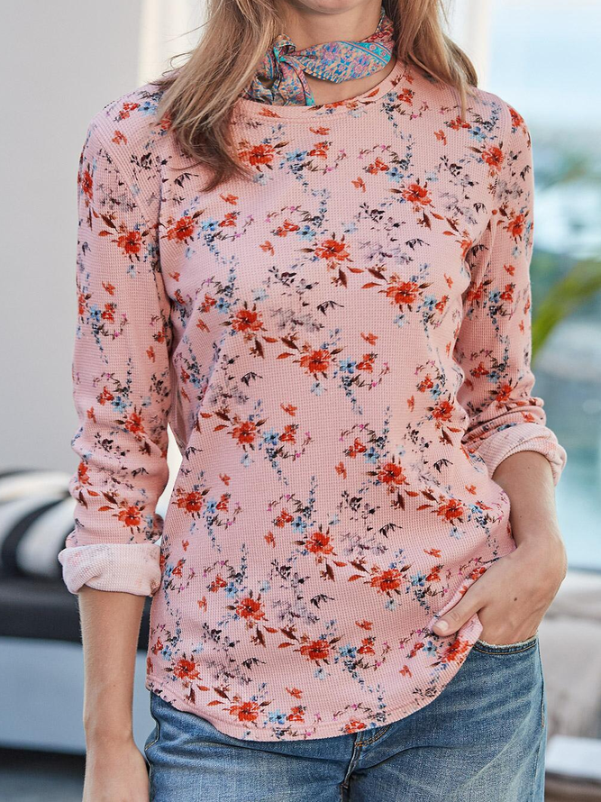 Casual Crew Neck Cotton-Blend Floral-Print Sweater