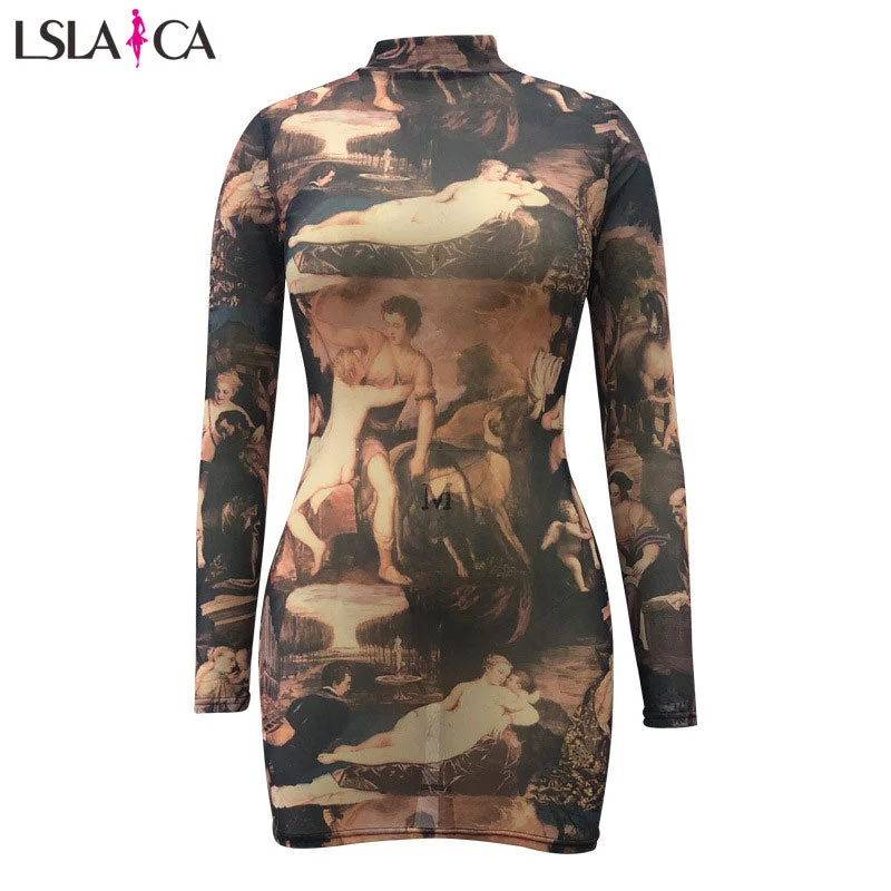 Women's fashion Slim sexy oil painting image printing loose plus size long sleeve dress autumn