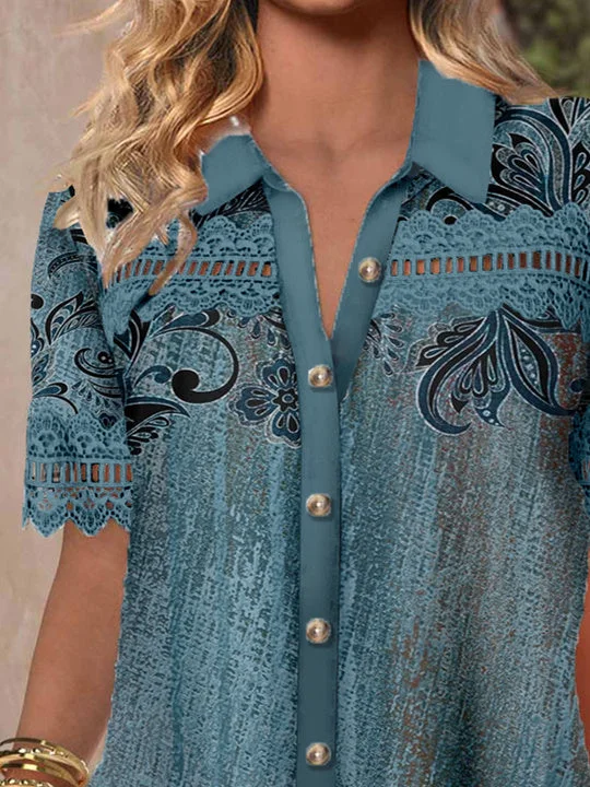 Women's Short Sleeve V-neck Lace Stitching Hollow Graphic Top