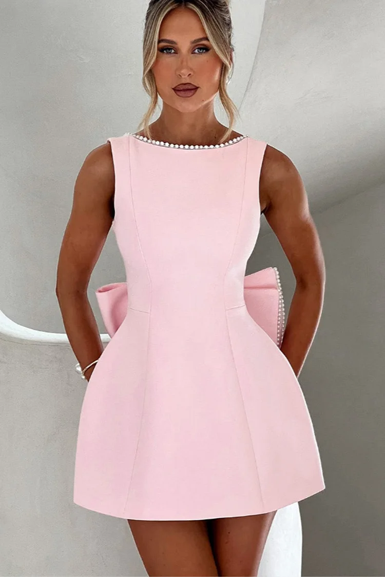 Party Pink Sleeveless Beads Bow A-Line Mini Dress