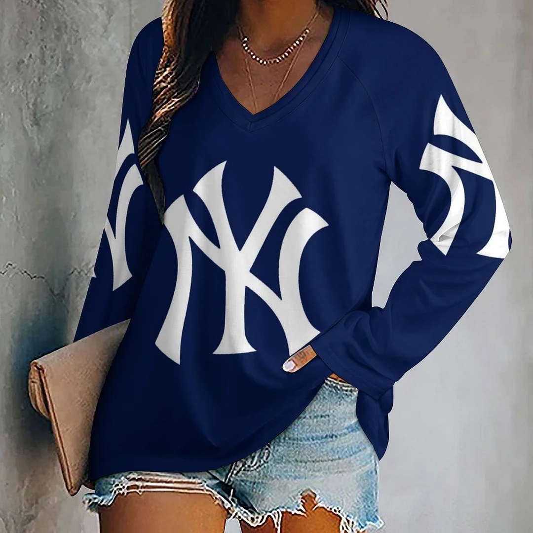 V-neck Long Sleeve Casual T-shirt for  Women and Men Printed with Pattern ,Blue