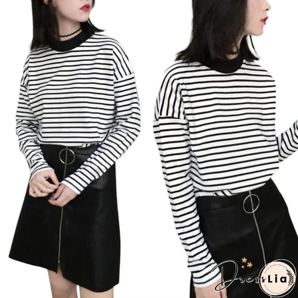 Women Turtleneck Korean Style Crop Top Long Sleeve Striped Tops Female Shirt Casual Harajuku Tops