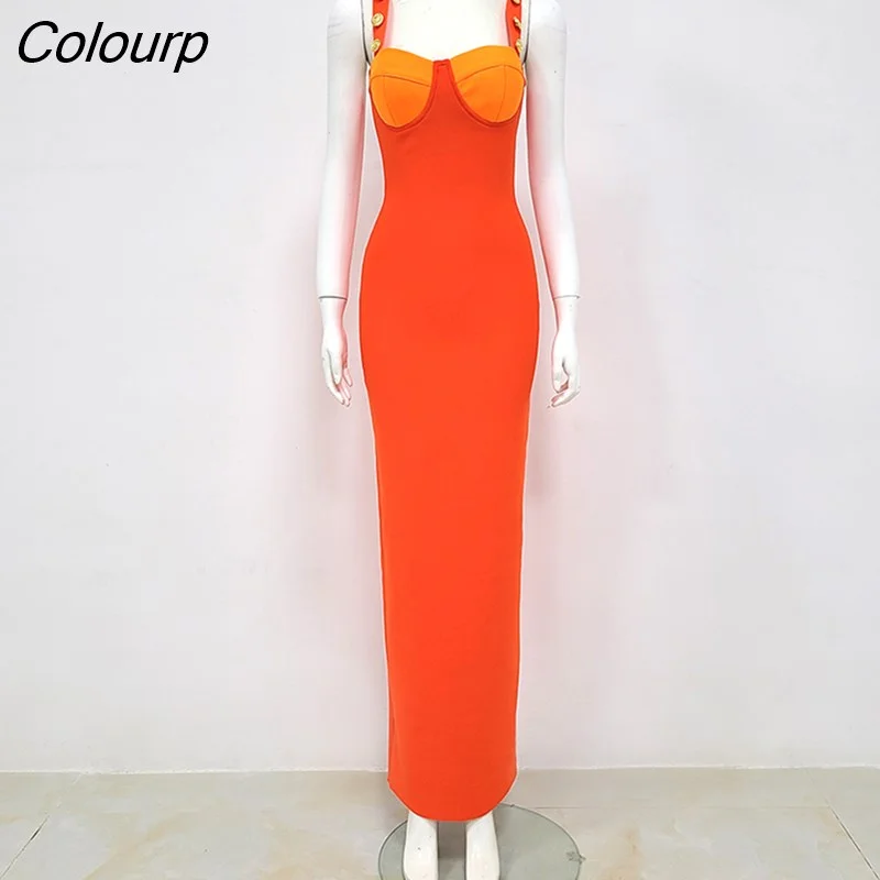 Colourp Quality Celebrity Orange Slip Long Rayon Bandage Dress Evening Party Elegant Dress Vestidos