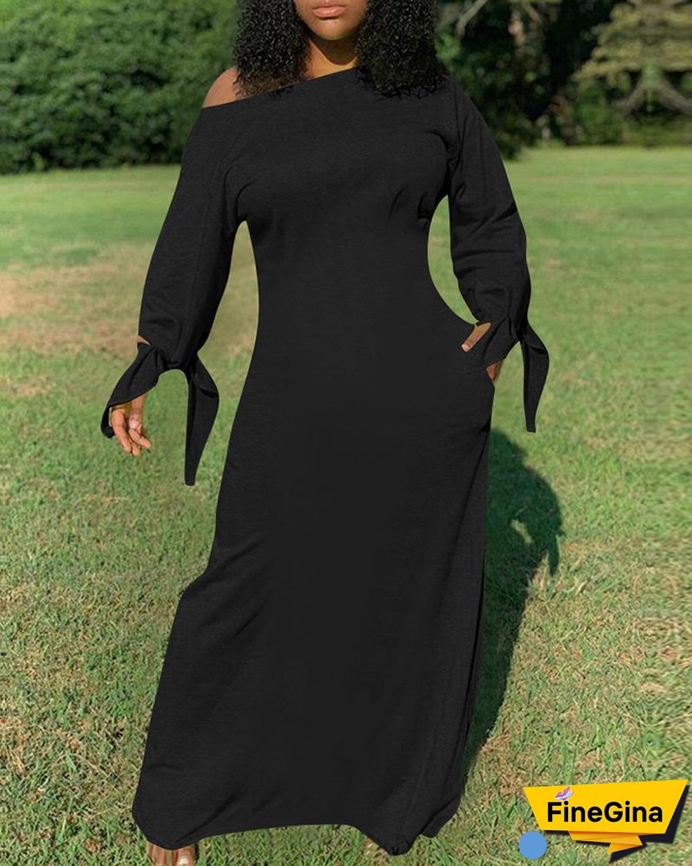 Plain Tie Detail Pocket Design Maxi Dress P14036