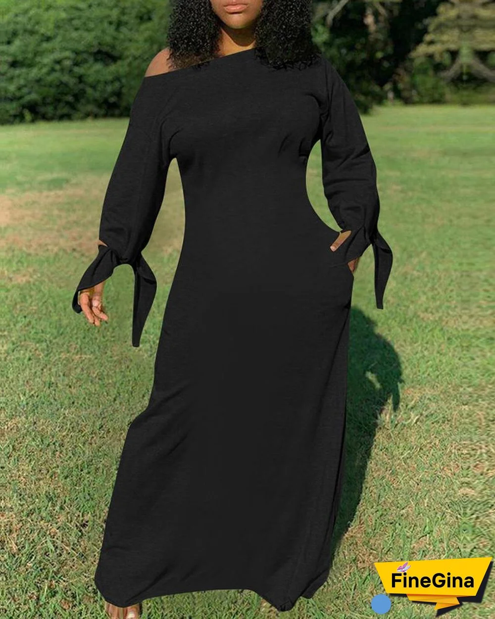 Plain Tie Detail Pocket Design Maxi Dress P14036