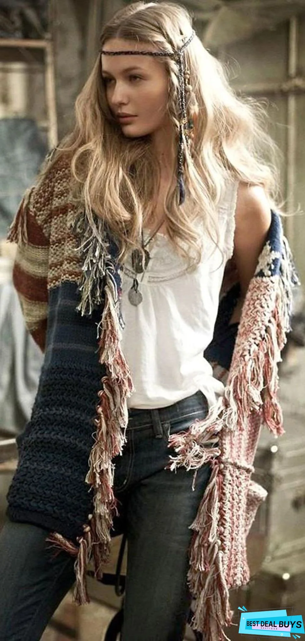 Fringed Medium and Long Cardigan Contrast Star Stripe Knitted Sweater
