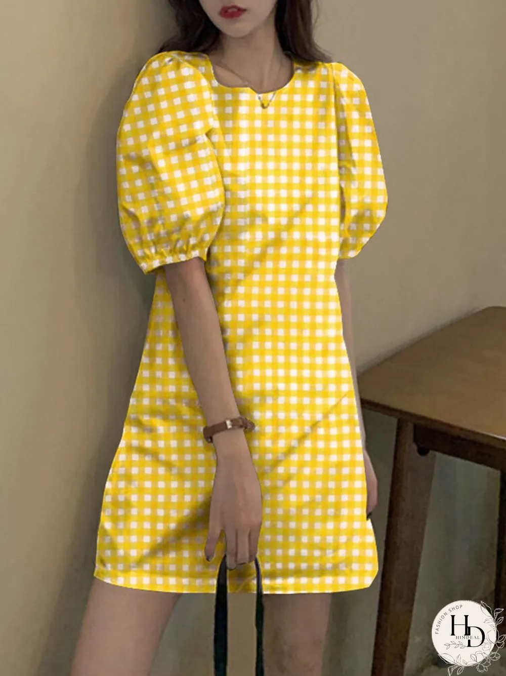Check Print Puff Sleeve Keyhole Back Crew Neck Dress