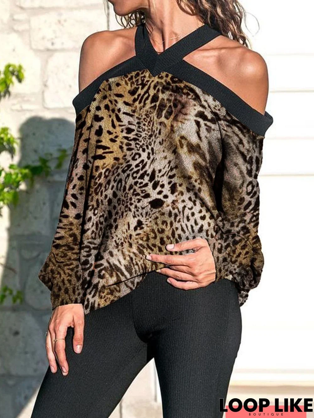 Long Sleeve Vintage Leopard Off Shoulder Cold Shoulder T-shirt