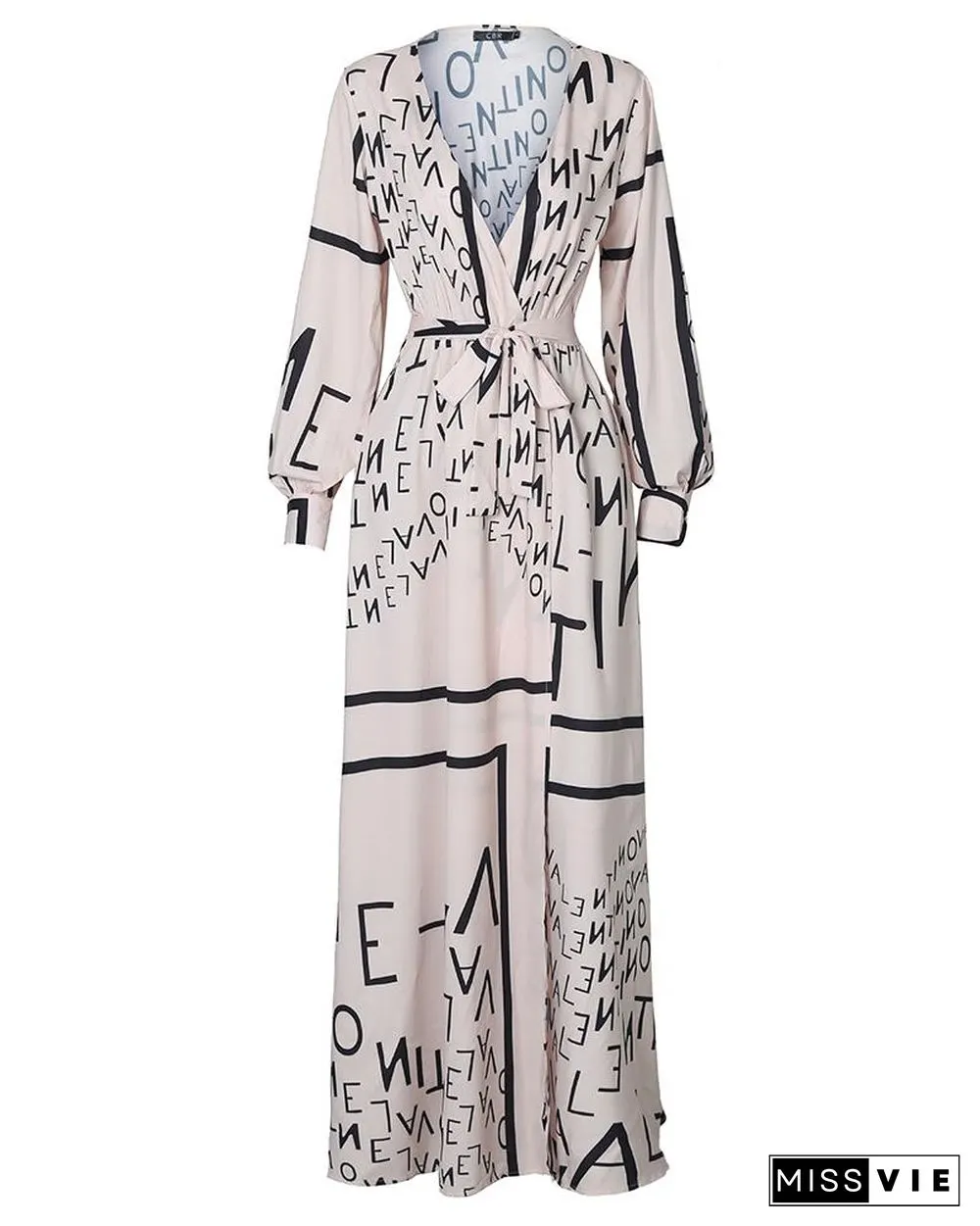 Letter Print Lantern Sleeve High Slit Maxi Dress P13222