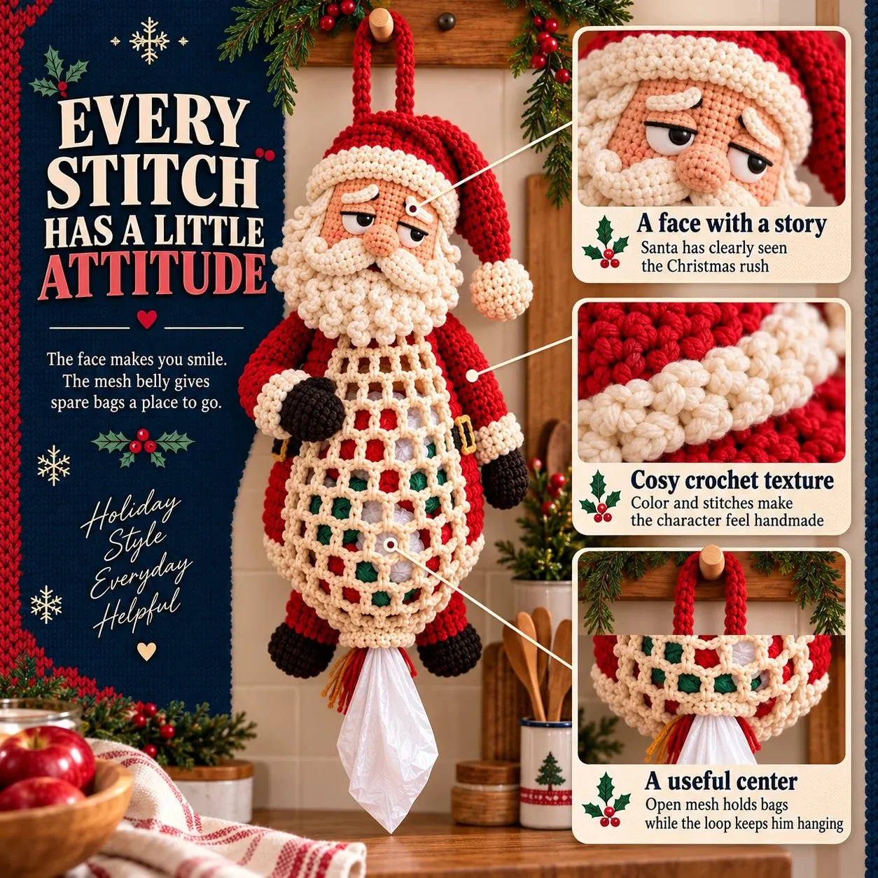 Close-up infographic showing the Santa face, crochet texture and open bag storage center