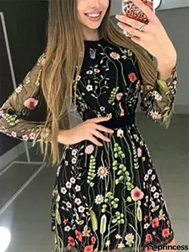 Women's Floral Embroidery Bohemian A-line Mini Dress