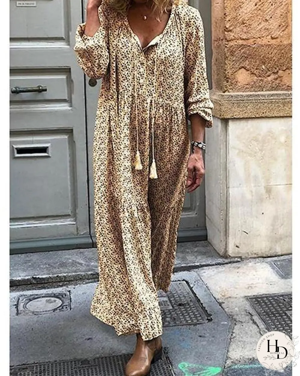 Women Shift Boho Floral Maxi Dresses Long Sleeve V Neck Dresses