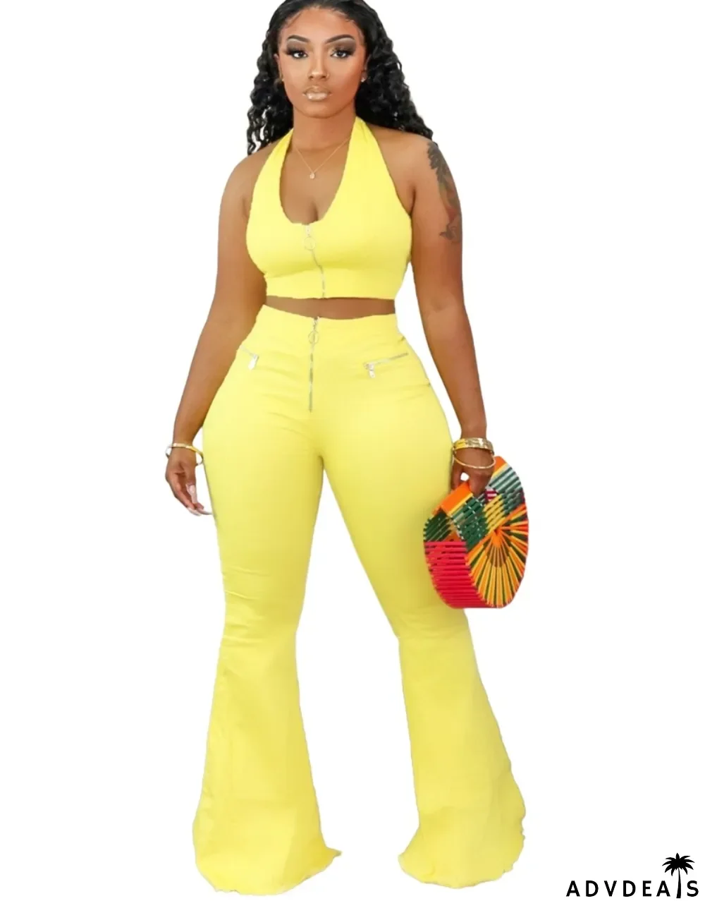 Sexy Plain Halter Crop Top and Flare Pants Set