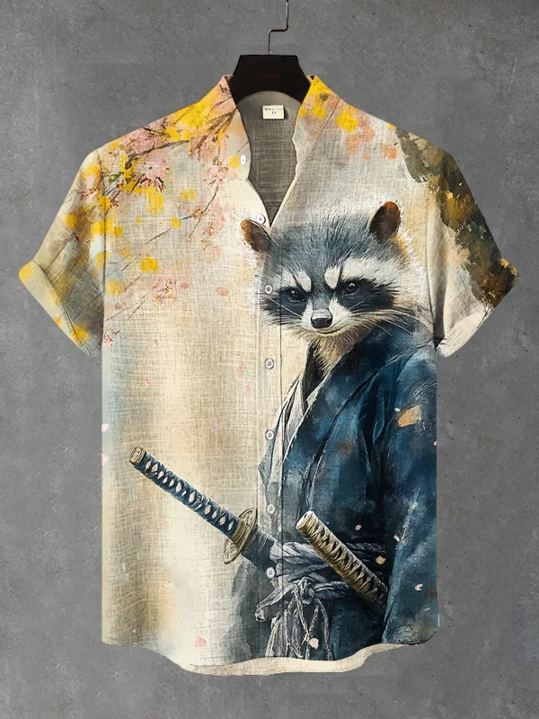 Men's Raccoon Samurai Watercolor Art Print Casual Shirt