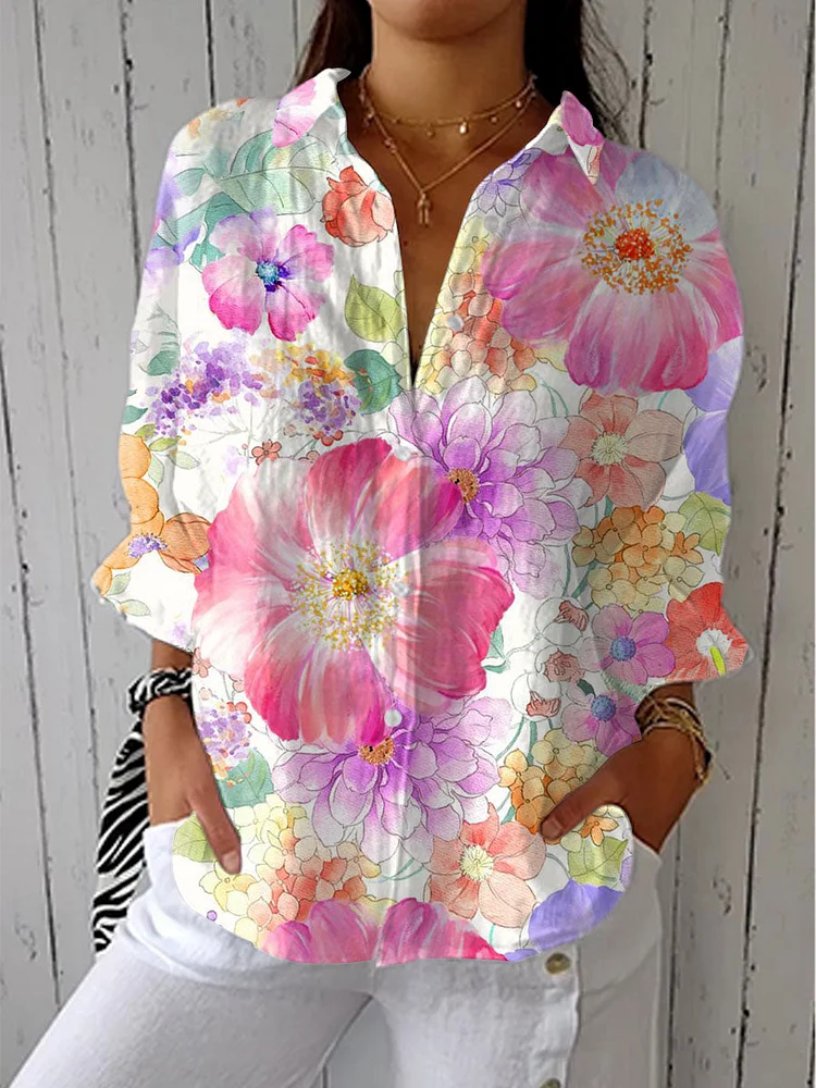 Women's  Fresh Floral Art Print Casual Linen V-neck Shirt