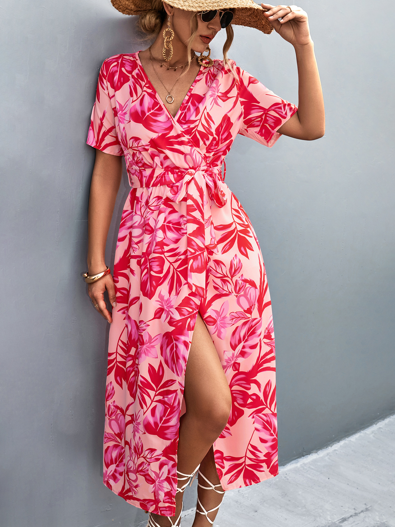 New Crossover V Neck A-Line Elegant Print Tie Midi Dress