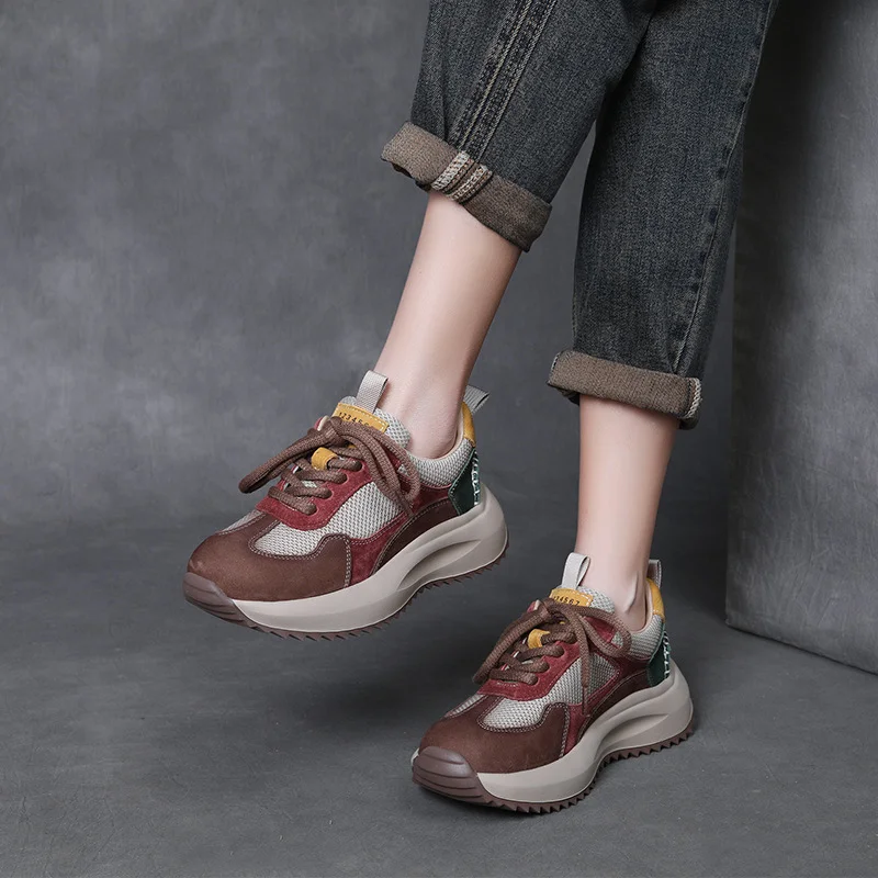 Yyvonne Leather Thick-Soled Fork Forrest Shoes Women's Spring And Autumn New Comfortable Old Dad Shoes Net Breathable Sports Casual Shoes