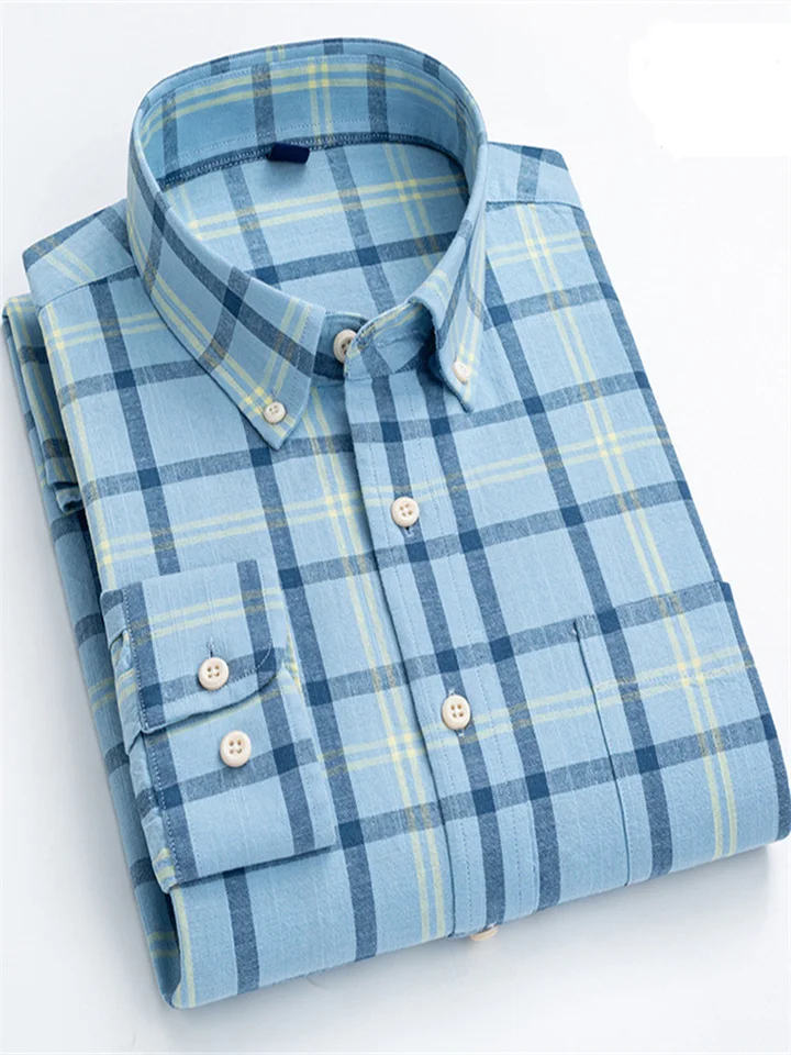 Four Seasons New Cotton Shirt Fashion Plaid Men's Shirt Long-sleeved Square Collar Casual Cotton Shirt-Cosfine