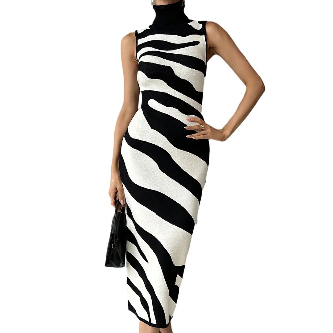 Nigikala Nigikala High-Neckless Sleeveless Striped Bag-Butyle Slimmed Sexy Knitted Dress Woman