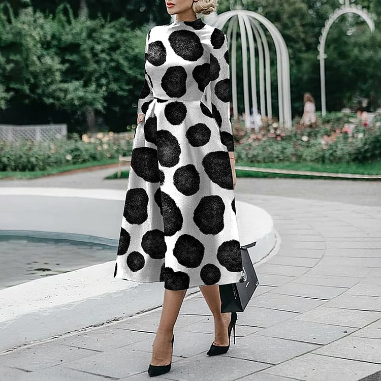 Elegant Black Polka Dot Print Midi Dress